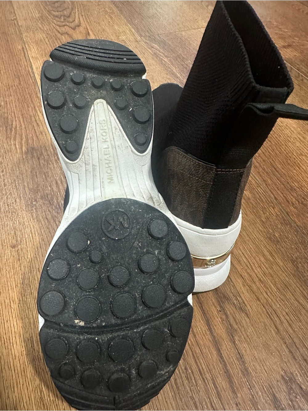 Michael Kors Black Knit Sock Sneaker with White Sole and Gold Accent